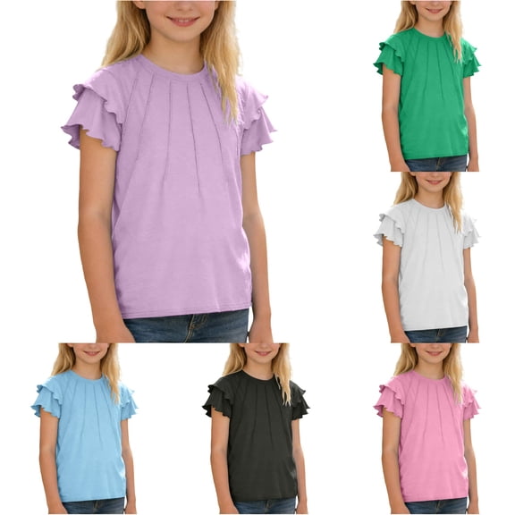 WhouRiu Girls Solid Color Basic Tees Kids Short Sleeve Crew Neck Ruffle Tshirt Comfortable Cute Casual Summer T Shirts,9-10 Years