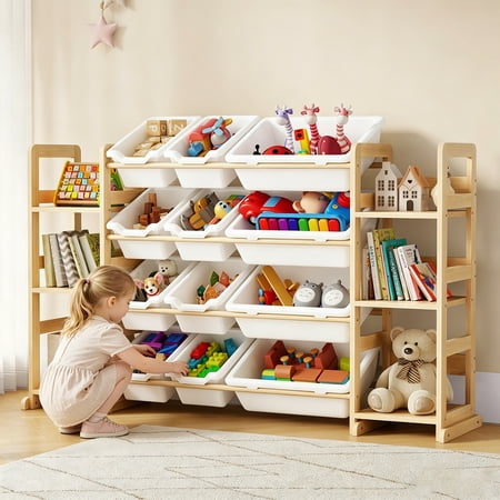 Wood Kids Toy Storage Organizer with 12 Plastic Bins 3-in-1 Wooden Bookshelf Playroom Storage Rack Multi-Shelf Book & Toy Display Cabinet for Bedroom Playroom Nursery