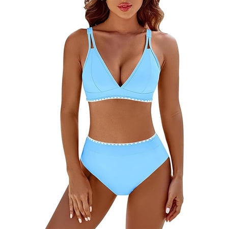 MSJUHEG Bikinis Set Bathing Suits Strapless Bathing Suits for Women Thong String 2 Piece Bikini Set Bikini Tops Full Coverage Bottoms Bathing Suit for Women Push Up Light Blue S