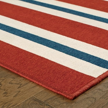 Gracewood Hollow Style Haven Martinique Horizontal Multi-Striped Area Rug Brick Red/Blue 2'3" x 7'6" Runner 8' Runner Runner, Outdoor, Indoor