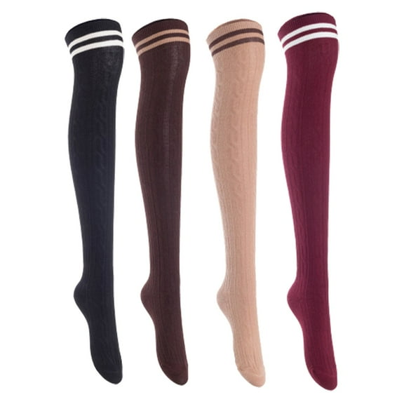 Lian Lifestyle Women's 4 Pairs Incredible Durable Super Soft Unique Over Knee High Thigh High Cotton Socks, Size US 6-9, JMYP1023 Black, Coffee, Khaki, Wine