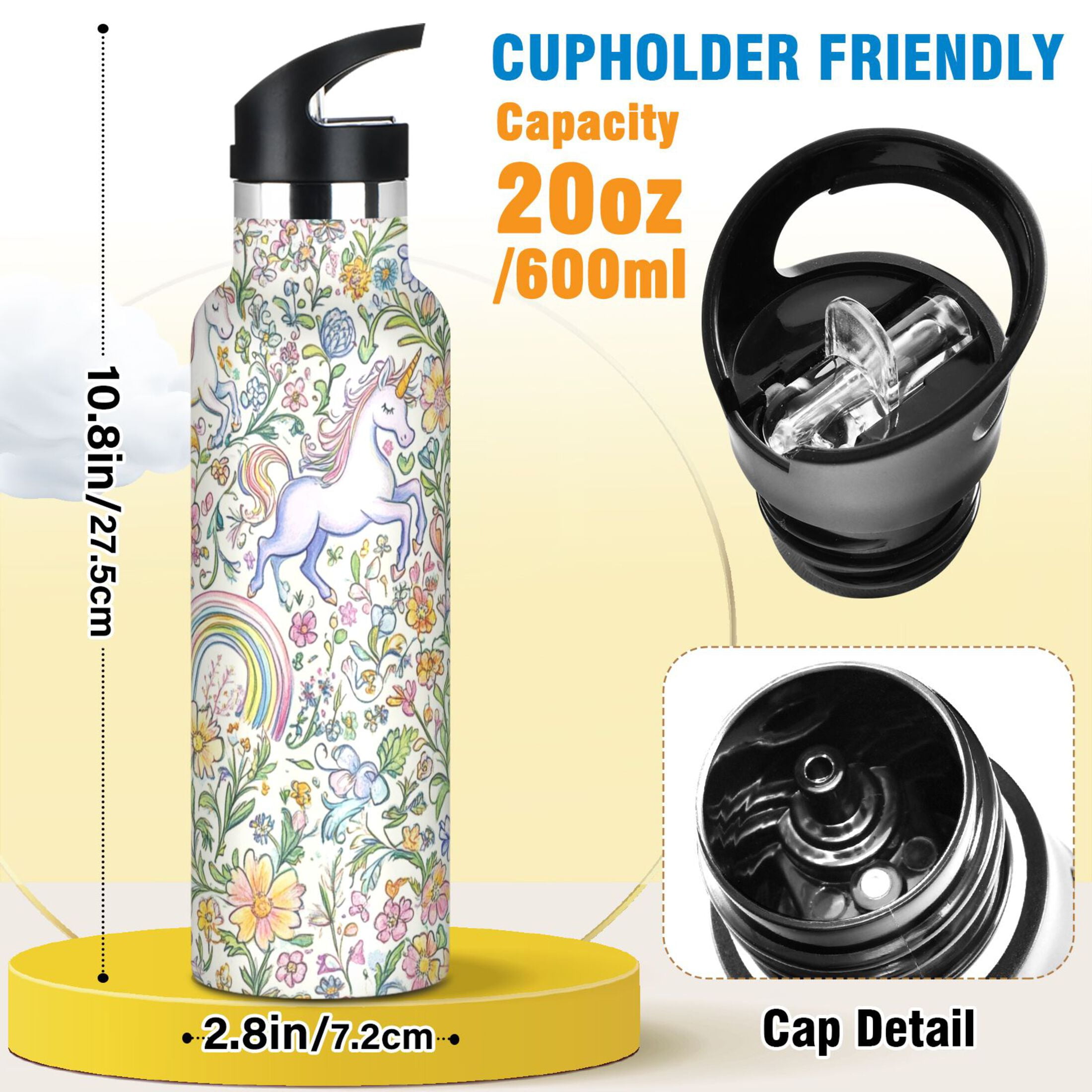 600ML Stainless Steel Insulated Cup Sports Water Bottle Portable Thermos Cup Water Glasses Insulated Tumblers Convenient and Durable Super Beautiful Unicorn