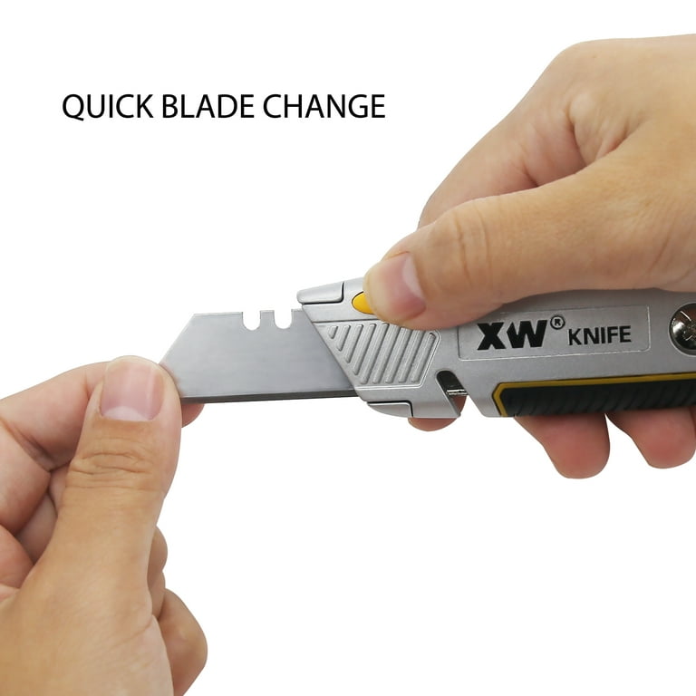 XW Auto-Retractable Safety Utility Knife, Box Cutter of Quick Blade Change,  4 Spare Blades Storage in Handle