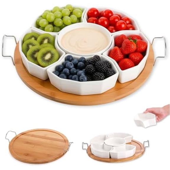 Chip and Dip Serving Set, 11'' Divided Serving Platters Tray for Party, 6-Compartment Removable Appetizer Snack Dishes, Round Sectional Serving Platter for Fruits, Condiment