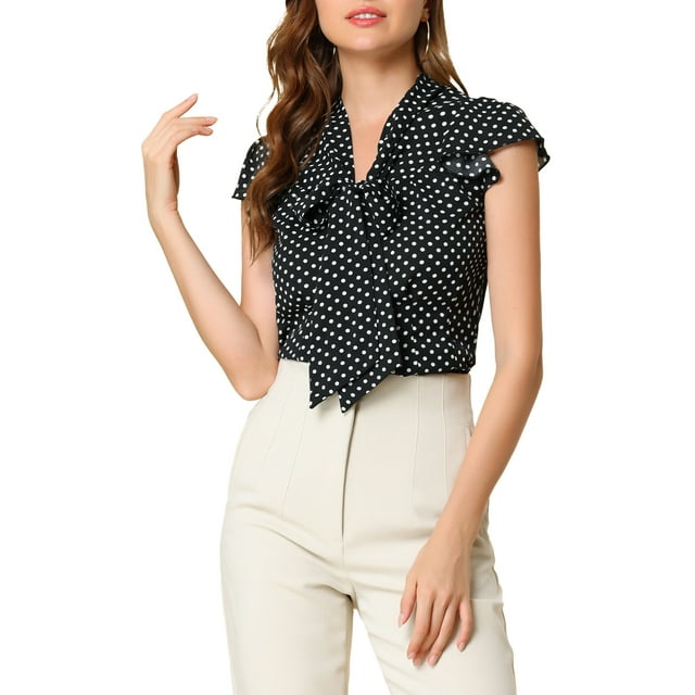 Blusa de mujer INSPIRE CHIC con lunares, cuello con lazo, mangas acampanadas, top para el trabajo en color negro