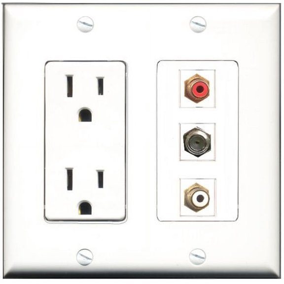 RiteAV - 15 Amp Power Outlet 1 Port RCA Red 1 Port RCA White 1 Port Coax Decorative Wall Plate