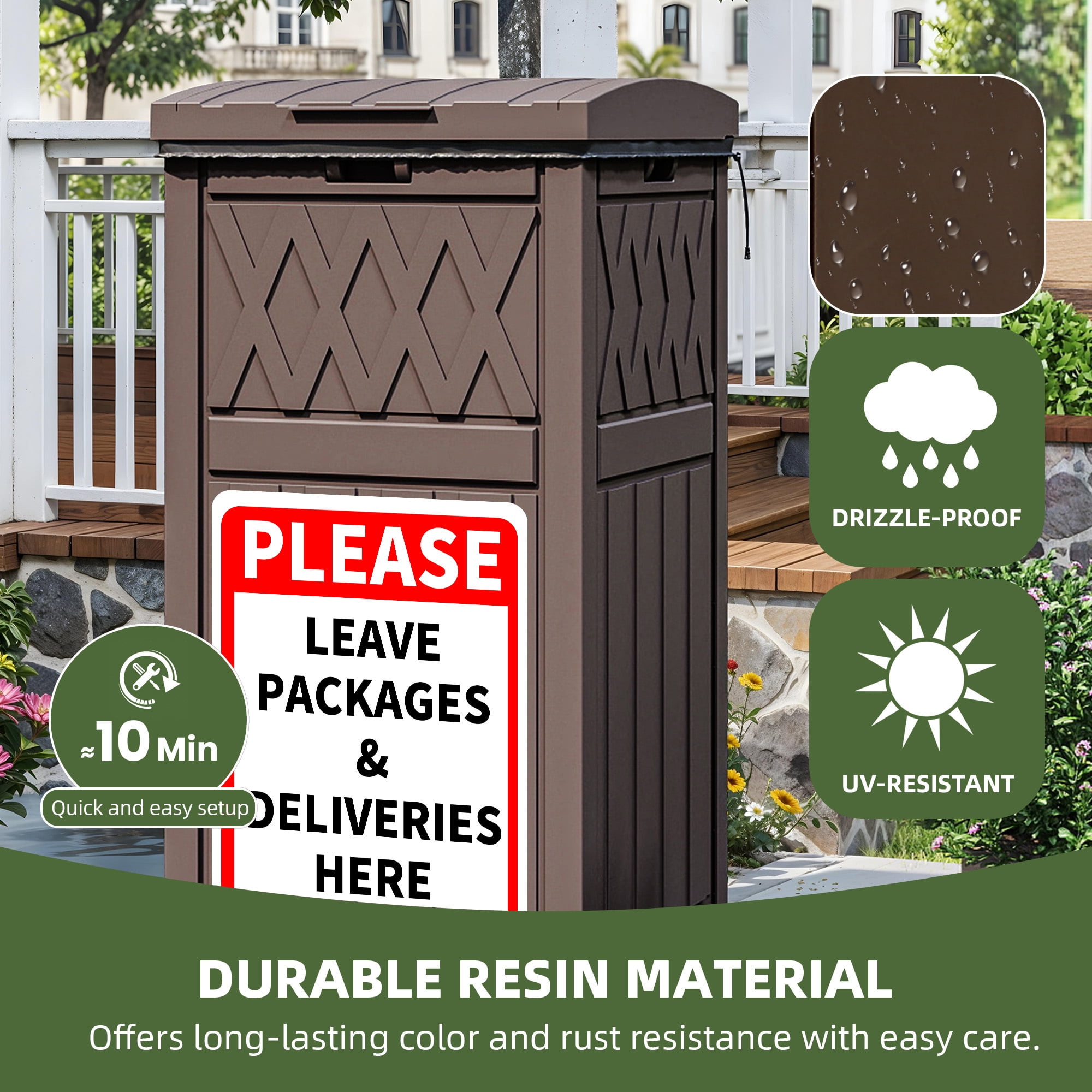 Uforic 31 Gallon Package Delivery Box with Lift-Out Bag, Waterproof Parcel Drop Box with Sign, Resin Outdoor Porch Package Container for Curbside, Patio and Yard Use, Dark Brown