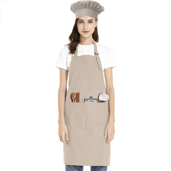 Toptie Cotton Canvas Adjustable Apron Chef Hat Set for Men and Women-Khaki-XL
