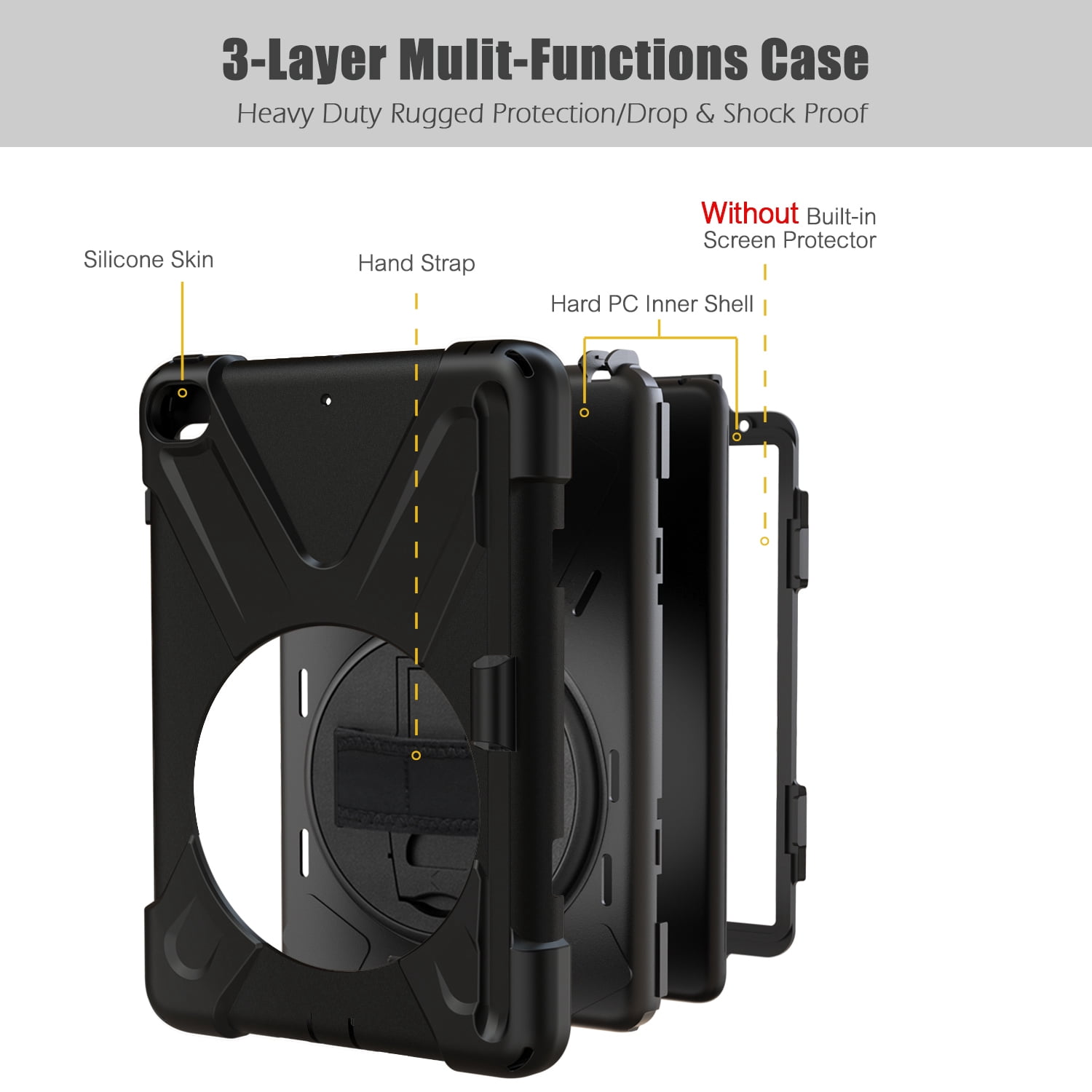 iPad 6th/5th Generation Case Kids, iPad 9.7 Case with Pencil Holder, Heavy Duty Shockproof Protective Rugged iPad 9.7 Case with Stand/Hand Strap for iPad Air 9.7-inch 2018/2017 - BLACK