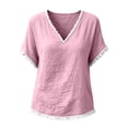 thumbnail image 4 of Linen Cotton Tops For Women Summer V Neck Short Sleeve Tassel Trim Casual Solid Classic Holiday Resort Weekend Outdoor Easy Outfit Elegant Laid Back, 4 of 6
