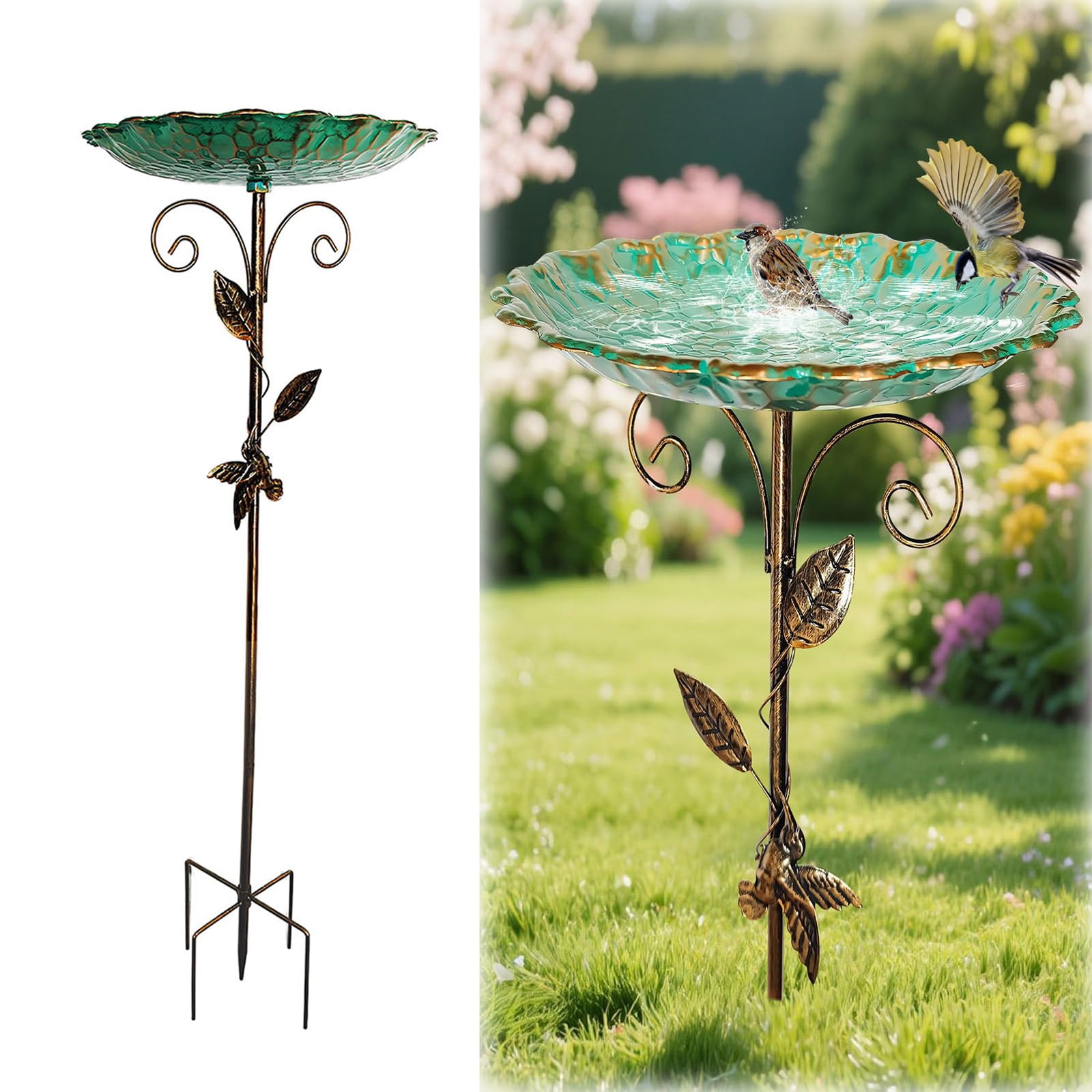 Metal Bird Bath for Outside,Hand-Painted Outdoor Birds Baths Water Bowl with Stake for Garden Patio Yard Lawn Decor,10*30" H Bird Feeder with 4 Prongs Base,Vintage Freestanding Birdbaths & Birdfeeder