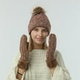 thumbnail image 2 of ZUARFY 2Pcs Women Winter Cable Knit Beanie Hat with Full Finger Gloves Mittens Set Thicken Thermal Plush Lined Pompom Skull Cap, 2 of 19