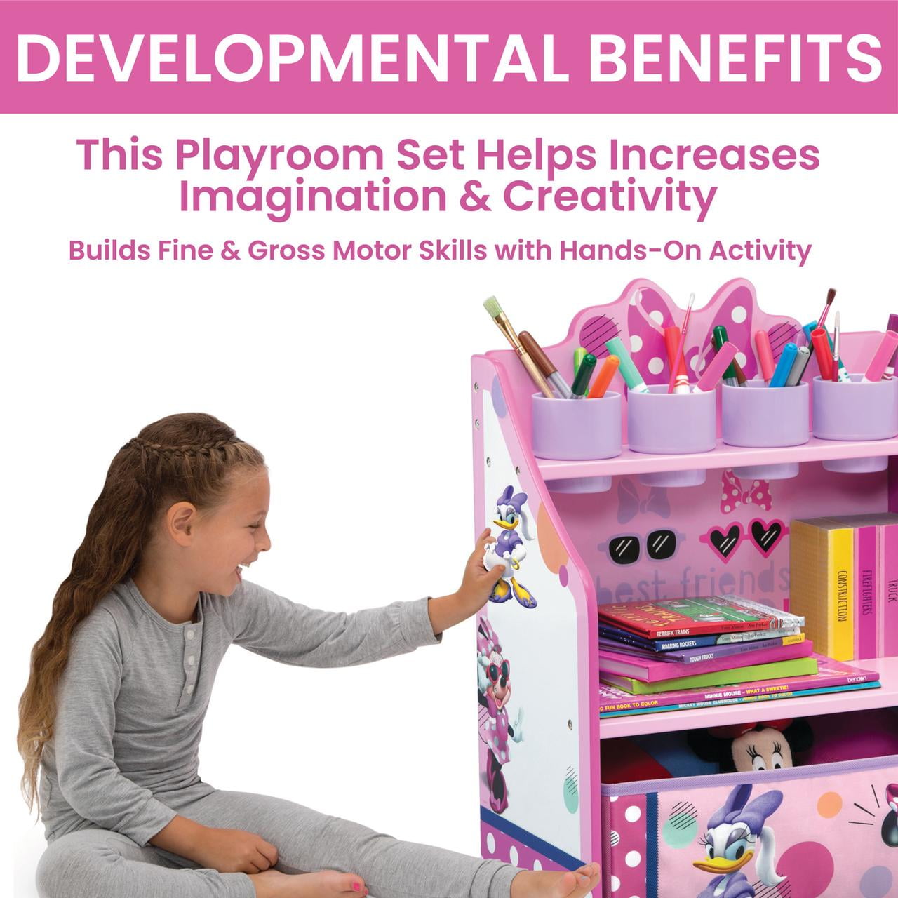 Minnie Mouse 3-Piece Art & Play Toddler Room-in-a-Box by Delta Children – Includes Draw & Play Desk, Art & Storage Station & Fabric Toy Box, Pink