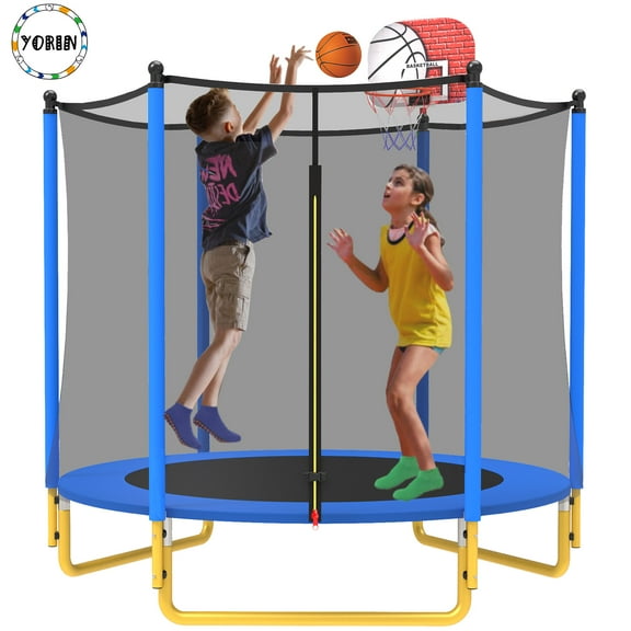YORIN Trampoline for Kids, 66'' Mini Trampoline for Toddlers with Enclosure Net and Basketball Hoop, 5.5FT Indoor/Outdoor Kids Round Trampoline Gifts for Kids Ages 1-8, No-Gap Spring Cover