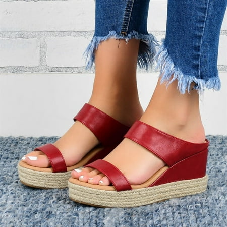 

LBS Summer Women Open Toe Breathable Beach Sandals Slip-On Straw Casual Wedges Shoes