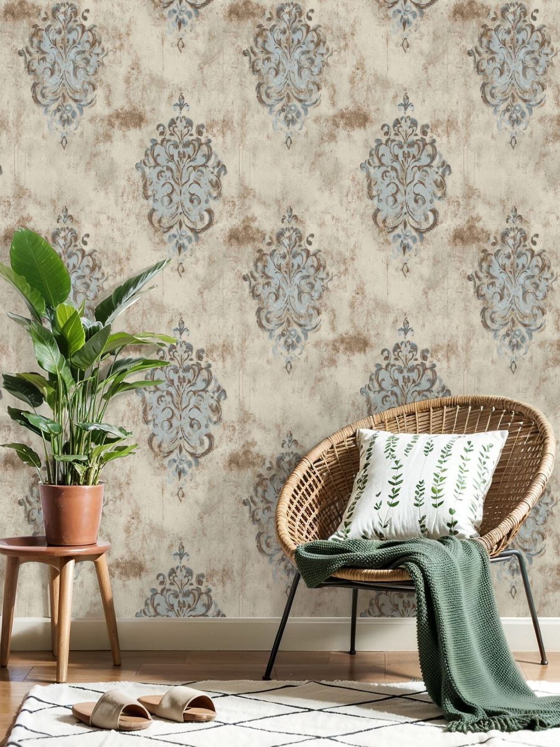 Boho Peel and Stick Wallpaper Vintage Blue Brown Damask Floral Distressed Contact Paper 23.6in x 9.8ft Wallpaper Removable Self Adhesive Wall Paper for Bedroom