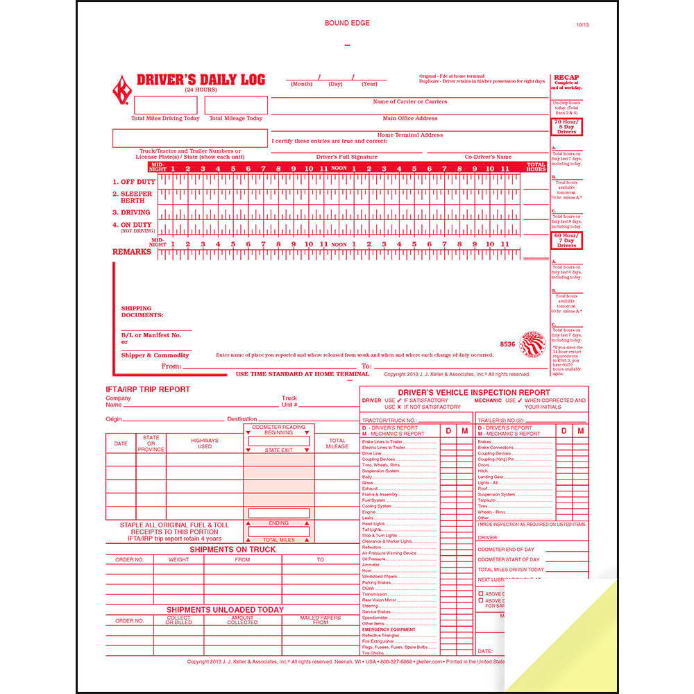 5-in-1 Driver Daily Log Book 10-pk. with Detailed DVIR, Daily Recap, Shipments Records & Trip Report - Book Format, 2-Ply Carbonless, 8.5" x 11", 31 Sets of Forms Per Book - J. J. Keller & Associates
