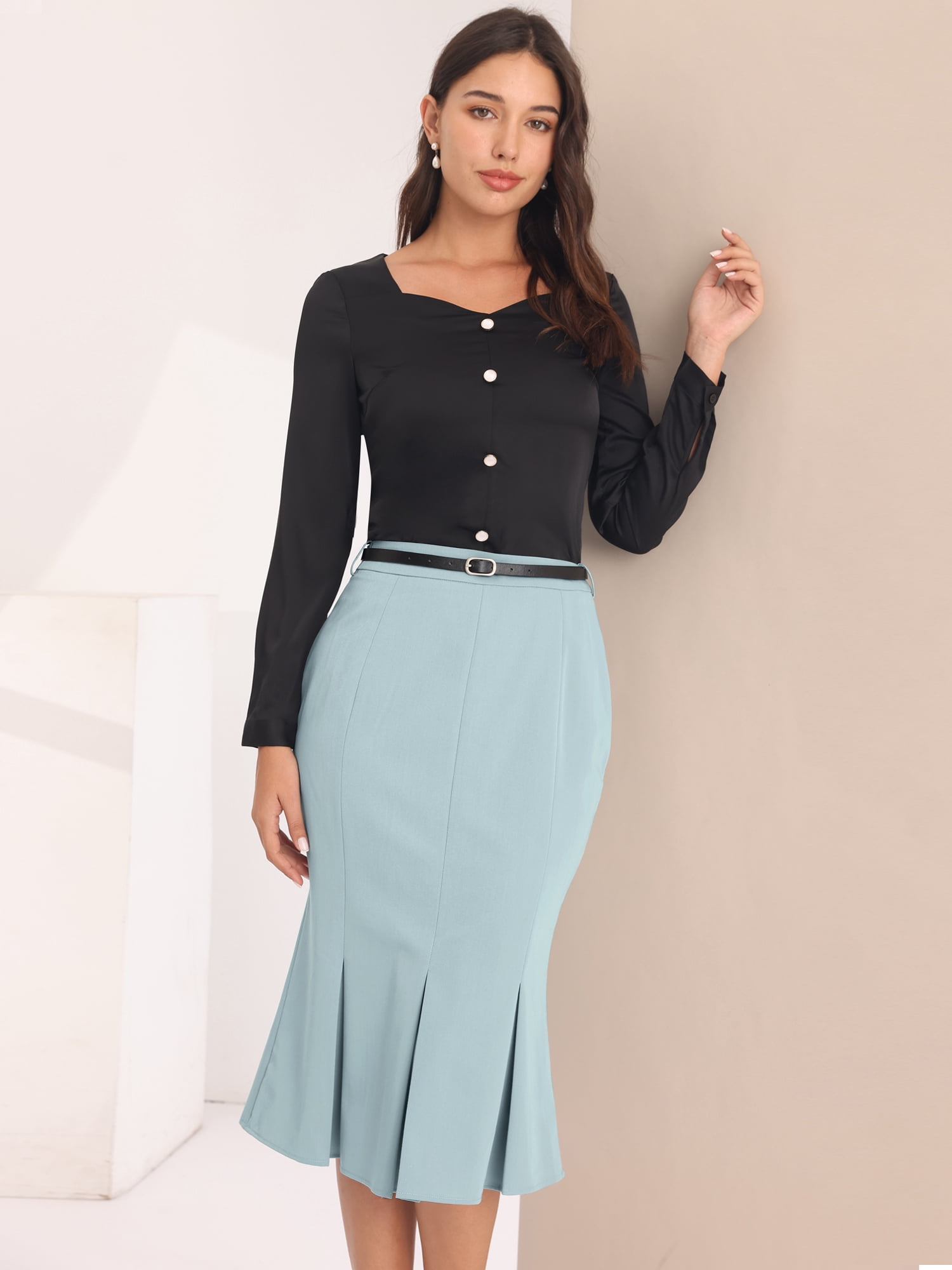 DARING DIVA Women's Elegant Knee Length Fishtail Pencil Skirt M Light Grey Blue