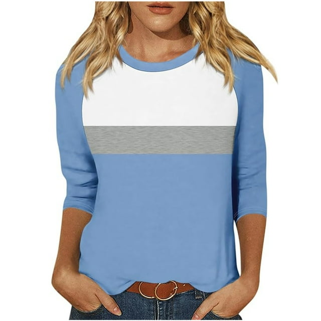 Timegard Womens Tops Crewneck 3/4 Sleeve Color Block Comfy Tee Shirts Fall Casual Loose Tops Blouse