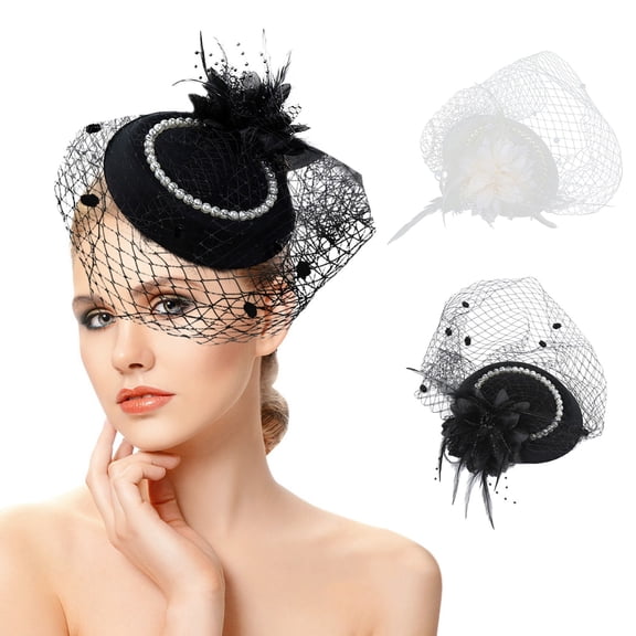 FCLoft Fascinators Hats For Women, 20s 50s Vintage Pillbox Hat, Feather Pearl Mesh Veil For Tea Party Kentucky Derby