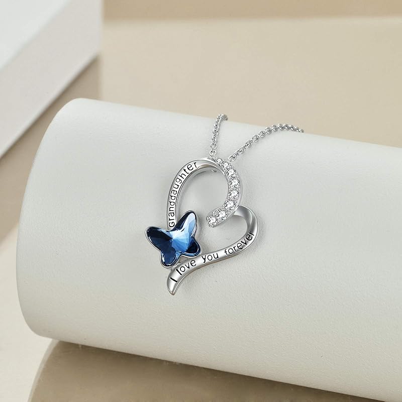 Granddaughter/Grandma/Nana/Daughter/Sister Necklace Gifts for Women 925 Sterling Silver with Blue Butterfly Crystal Heart Necklace, Valentine's Gifts for women