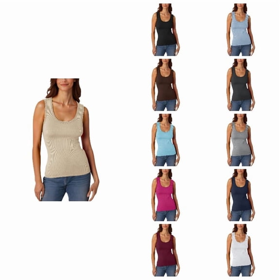 HNMKIU Tank Tops for Women Summer Casual Low Round Neck Ribbed Tank Tops Sleeveless Stretchy Form Fitting Basic Vest Tops For Daily Wear Beige,L