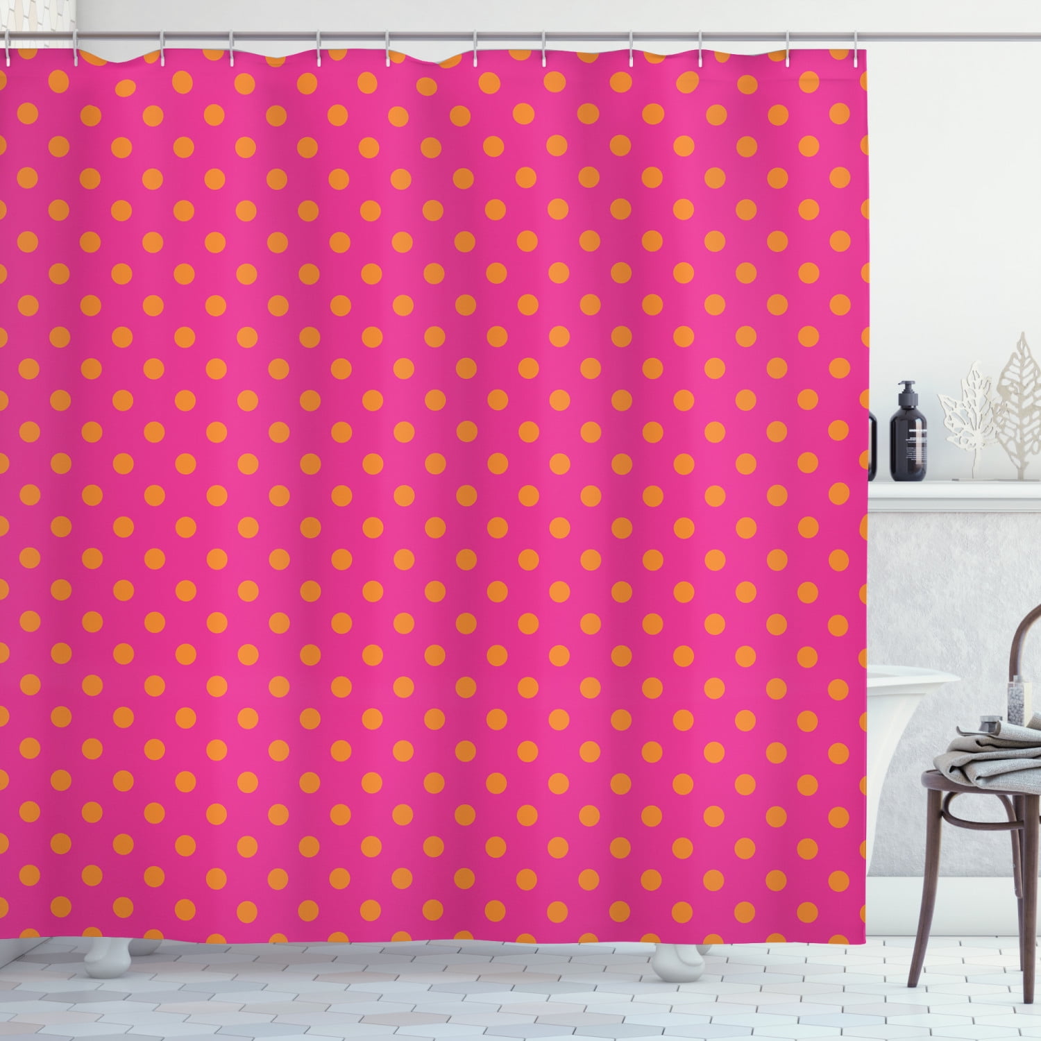 Pink and Orange Shower Curtain, Warm Colored Polka Dots Pattern