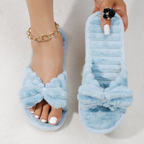 Willtoo Women's Bow Slippers Memory Foam Slides | Open-toe No-slip Sole Ladies House Shoes, Fuzzy Warm Soft Comfy Indoor & Outdoor Bedroom Slippers