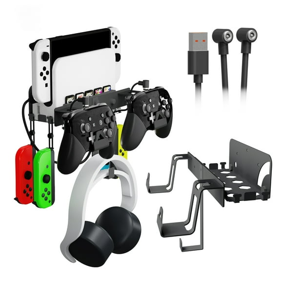 Wall Mount for Switch/OLED 5-in-1 Metal Wall Mount Kit with Dual Controller Holder Headphone Hanger 2-in-1 Charge Cable 5 Game Card Slots 4 Joy-Cons Hook