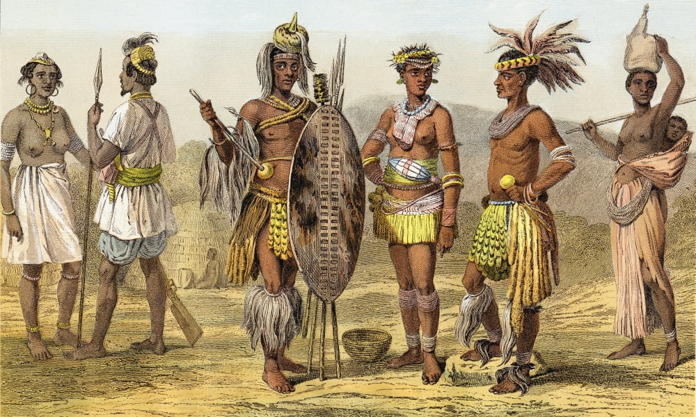 People Of Ethiopian Race In The Late 19Th Century From Left To Right Natives Of Senegambia Peui Woman From The Village Of Kouar Peui Man In War Costume Kaffirs Zulu In Visiting Dress Zulu Dancing Girl