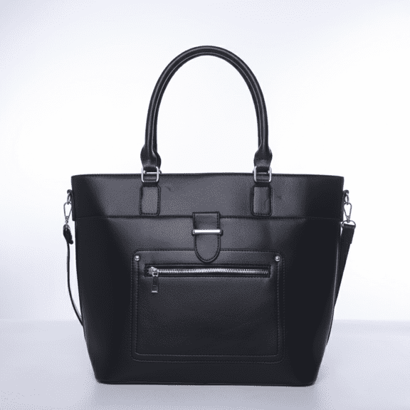 VIA FIORE Women’s Black Vegan Leather Tote Handbag with Top Handles & Shoulder Strap