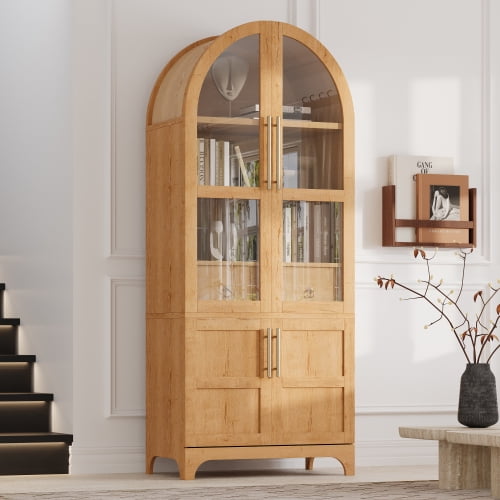 71" Tall Arched Kitchen Pantry Cabinet with Door Shelves, Farmhouse Storage Cabinet with Adjustable Shelves, Hidden Drawer & Glass Door, for Kitchen, Dining Room, Pantry, Natural