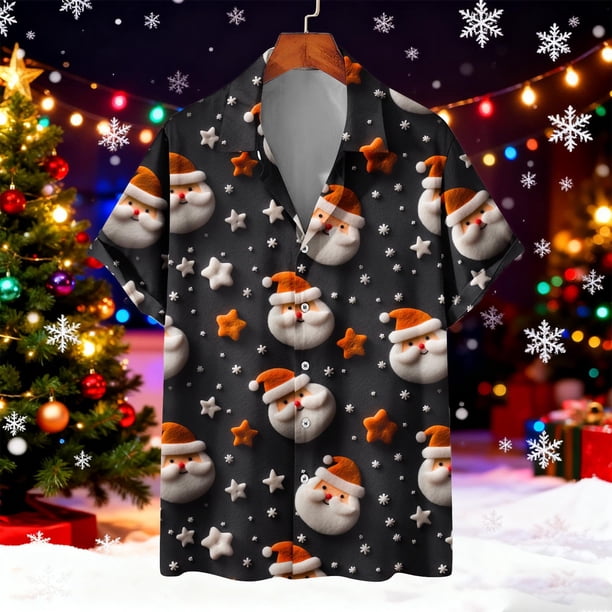 Blusa y camisa de manga corta con cuello vuelto para hombre Camisa de manga corta con estampado navideño para hombre Tops casuales con cuello vuelto Camisa Blusa Tops para hombre