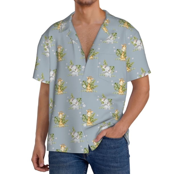 Fotbe Baby Elephant Giraffe Camisa Estampada de Manga Corta para Hombre, Casual de Verano, Estilo Playero, Sin Arrugas-Medium