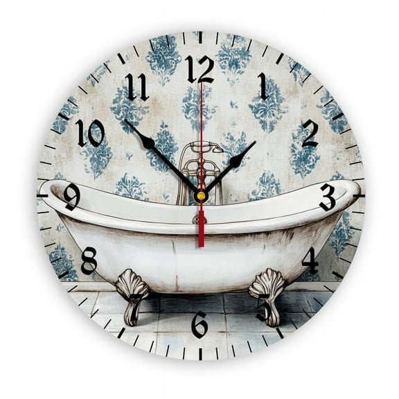 YladaFaie Watercolor Vintage Bathtub Rustic 10 Inch Round Wall Clock Battery Operated Vintage Farmhouse Wall Decor Bathroom Clock for The Living Room Kitchen Bedroom