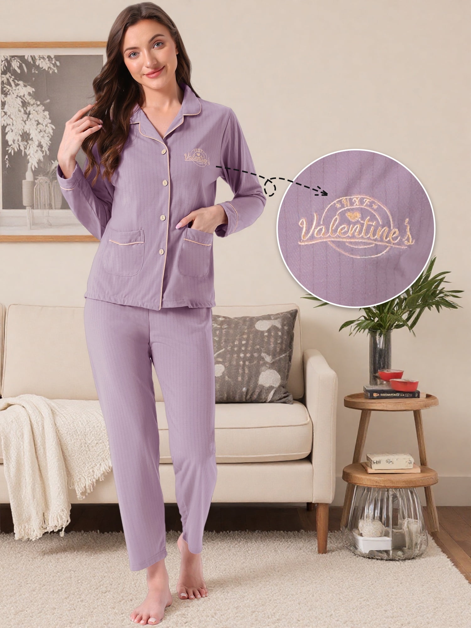 DARING DIVA Cotton Pajamas Long Sleeve Lounge Sets Button Down Pants XL Purple