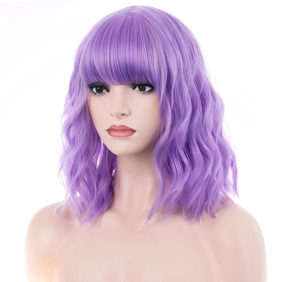 BERON Peluca morada de 14 pulgadas para mujer, peluca corta y rizada, peluca morada con flequillo, pelucas moradas claras para mujer, peluca lavanda, pelucas coloridas con gorro de peluca