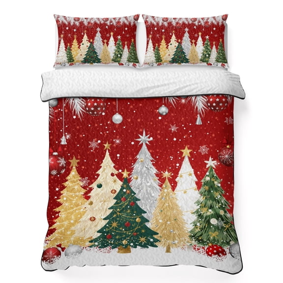 Quilts Queen Size Bedding Set, Christmas Lightweight Quilted Comforter, Red Xmas Trees Pine Needle Snowflake Soft Reversible Bedspread Coverlet with Pillow Covers for All Season, 90" x 96"