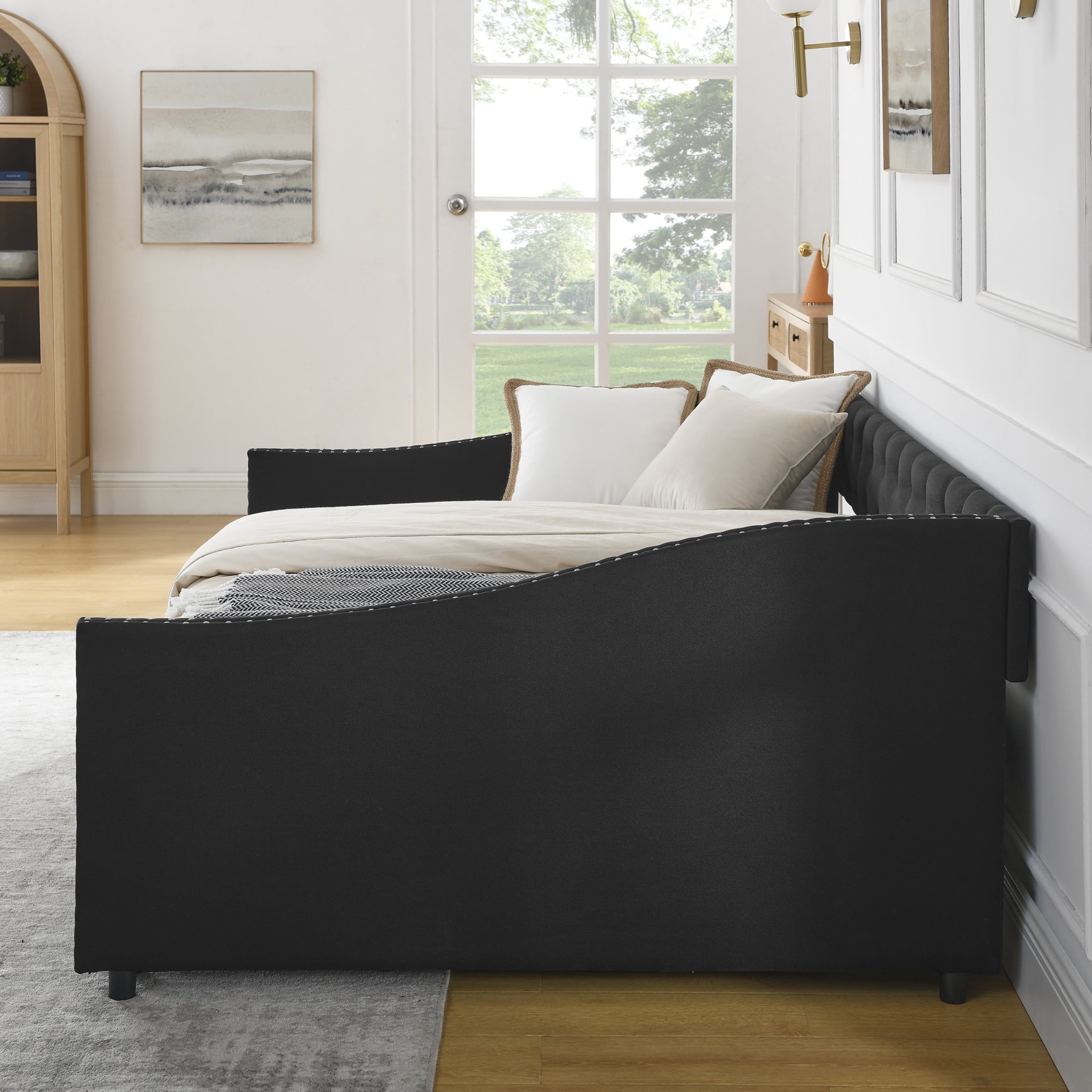 Noble House Brixo Full Size Daybed with Drawers, Linen Upholstered Tufted Sofa Bed with Nailhead Waved Arms, Black