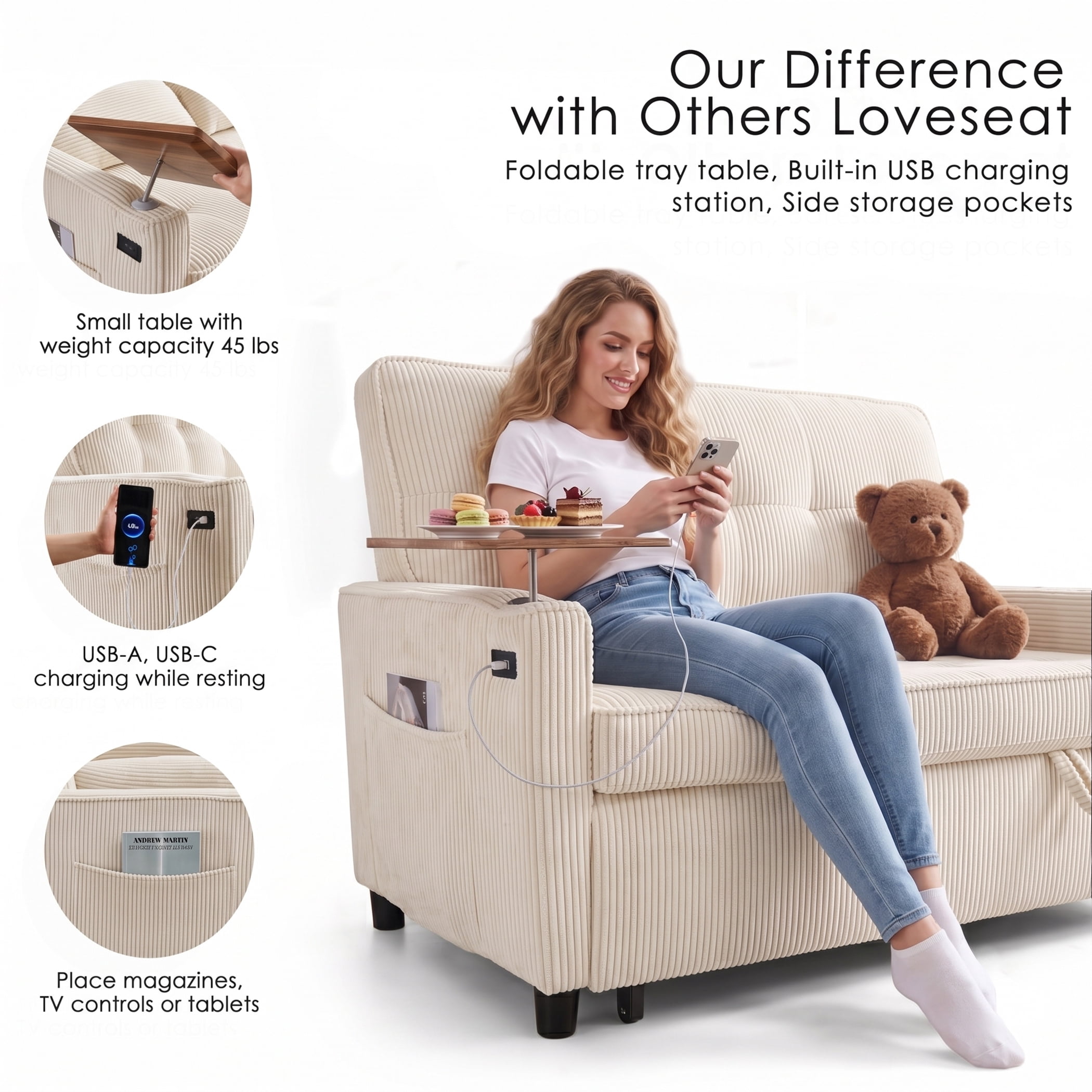 AISWORD 55" 3-in-1 Convertible Sleeper Sofa Bed, Pull Out Loveseat Couch with Side Tray Table & USB Charging Port, Adjustable Backrest Sofa for Apartment, Bedroom, Office, Beige
