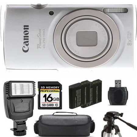 Canon PowerShot ELPH 180 Camera (Silver) + Extra Battery + Flash - 16GB Kit