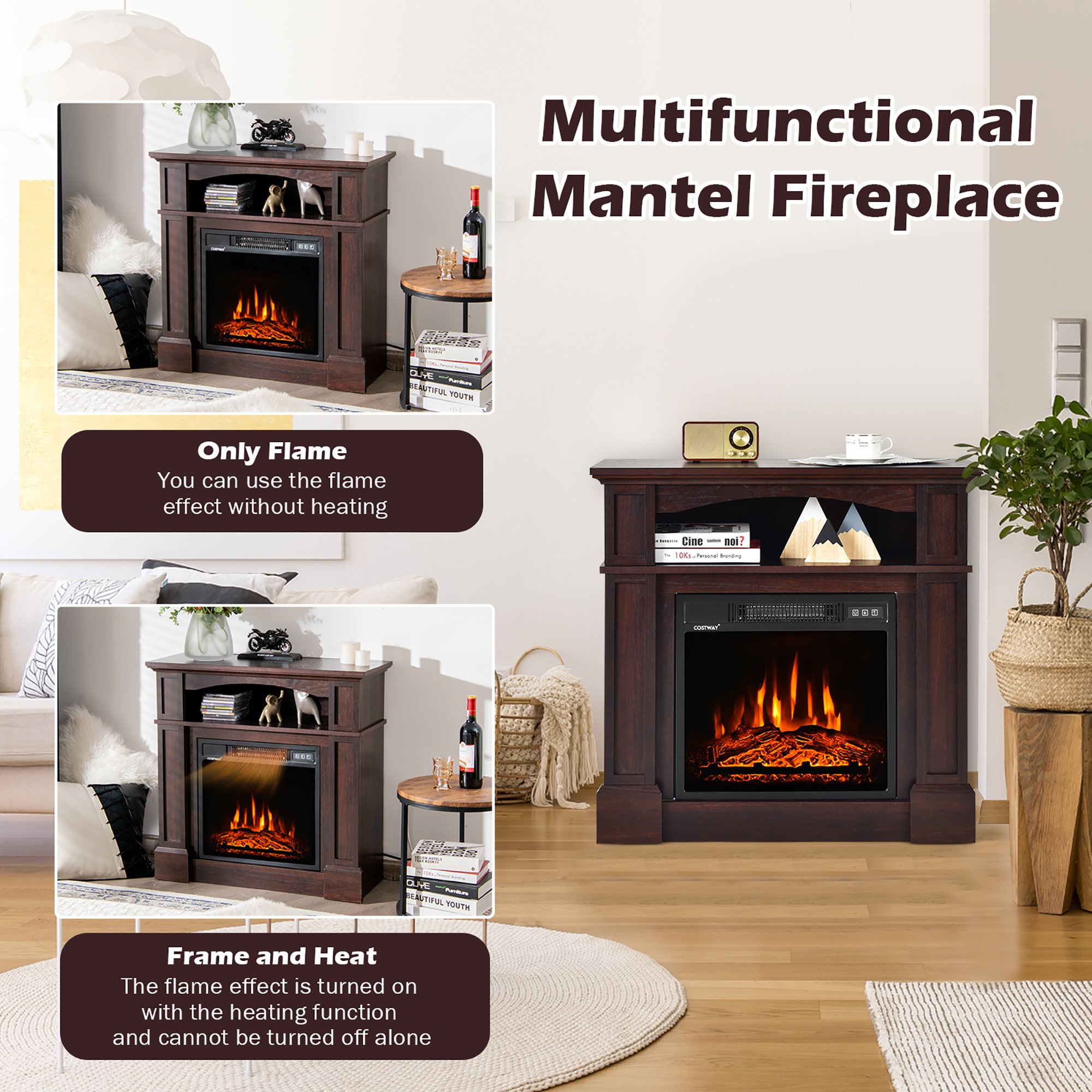 Costway 32 1400W Electric Fireplace Mantel TV Stand Space Heater W/ Shelf  Natural | Walmart Canada