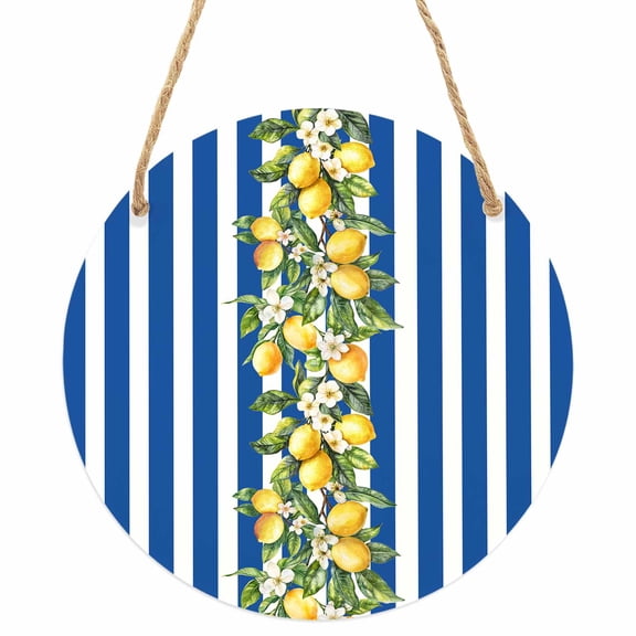 Blue Stripes Lemon Round Front Door Welcome Sign, 5.9 Inch Wall Hanging Decor for Indoor Outdoor, Spring Fruit Flowers Leaves Line Home Porch Hanger Decorations for Holiday Gift
