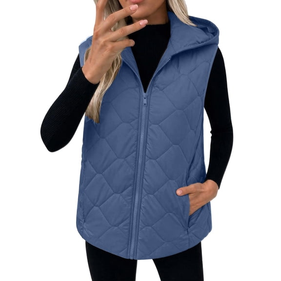 Cmfcve Plus Size Hooded Puffer Vest for Womens Full Zip Sleeveless Quilted Vest Winter Warm Outerwear Jackets with Zipper Pockets