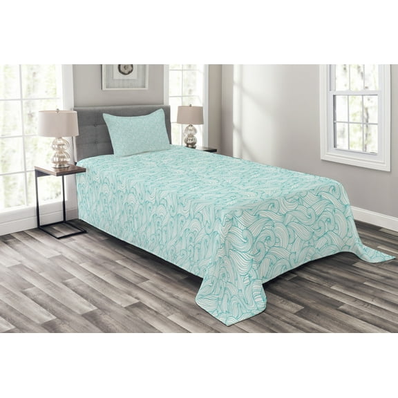 Ambesonne Turquoise Quilted Bedspread Set 2 Pcs, Ocean Waves Summer, Twin Size, Pale Blue White
