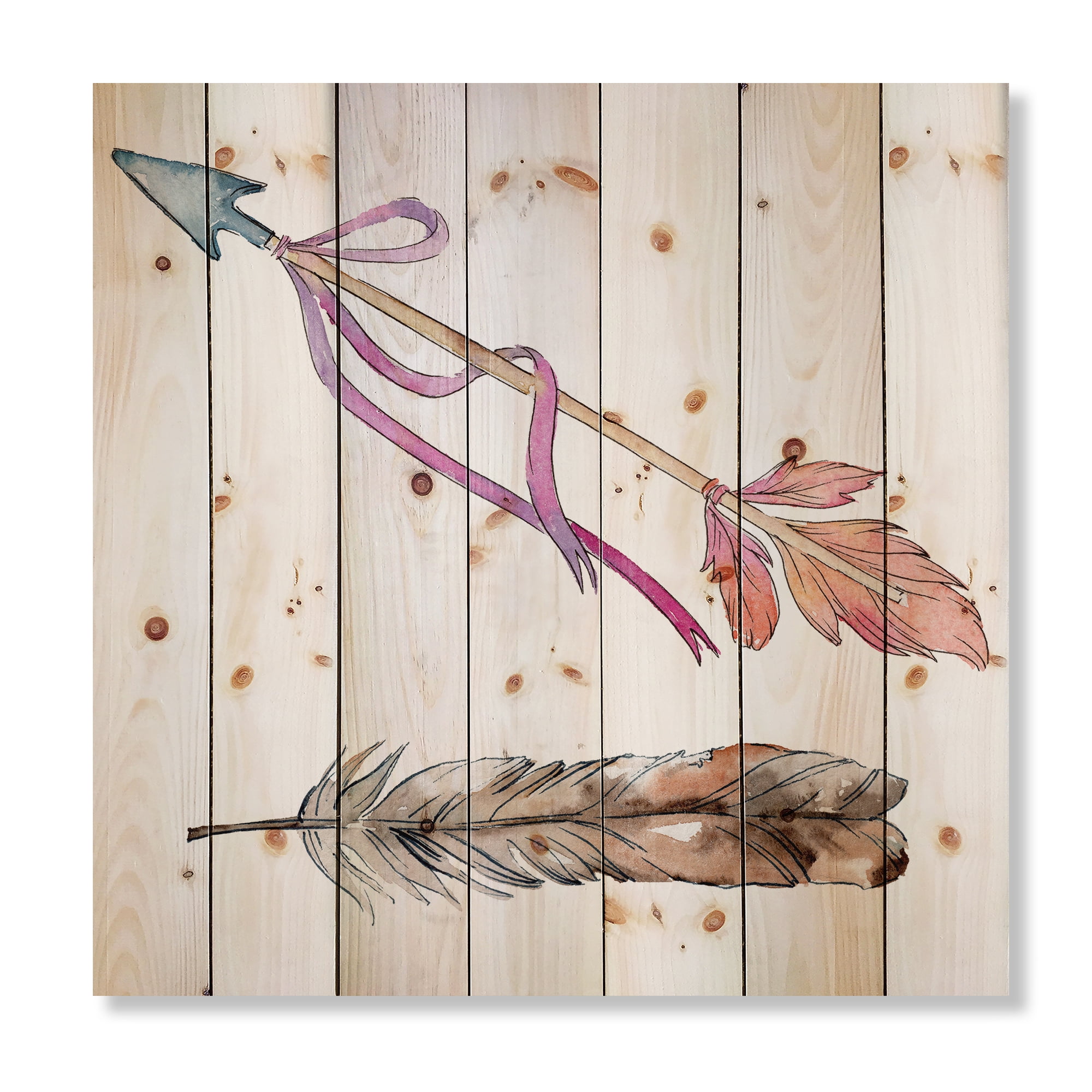 Designart 'Pink Bird Feather From Wing on Arrow' Bohemian & Eclectic Print on Natural Pine Wood