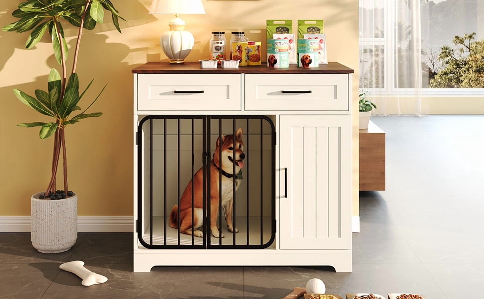 Euroco 2-in-1 Dog Crate Furniture with Storage Drawers and Cabinet, Chew-Resistant Indoor Dog Kennel with Double Locks, White & Brown Pet Crate Table