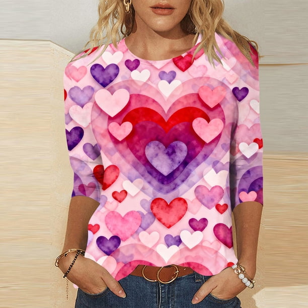 Xuyuer Womens Valentine T Shirts Love Heart Printed Graphic Tee Tops Spring Shirts Halloween Round Neck 3/4 Length Sleeve Graphic Tee Tops Fashion Casual Printed T-Shirt Top