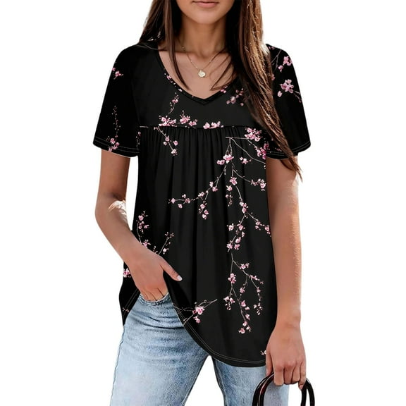 Women's Casual V-Neck Short Sleeve Top with Chest Pleated Floral Print - Lightweight Breathable Summer Blouse for Vacation, Party, Work - Mother's Day Gift for Wife, Mom, Friends Black L