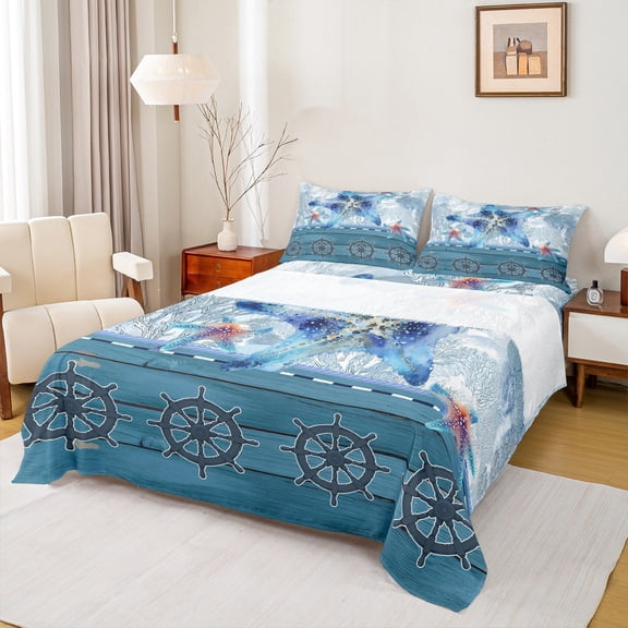 Homewish Blue Watercolor Starfish Full Size Sheets, Nautical Rudder Print Bed Sheets, Dreamy Coral Sheet Sets, Microfiber Bedroom Decor, 4-Piece